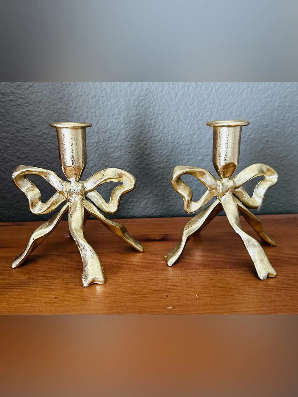 Set Of 2 Gold Metal Bow Taper Candle Holders 5 inch Christmas Holiday Decor